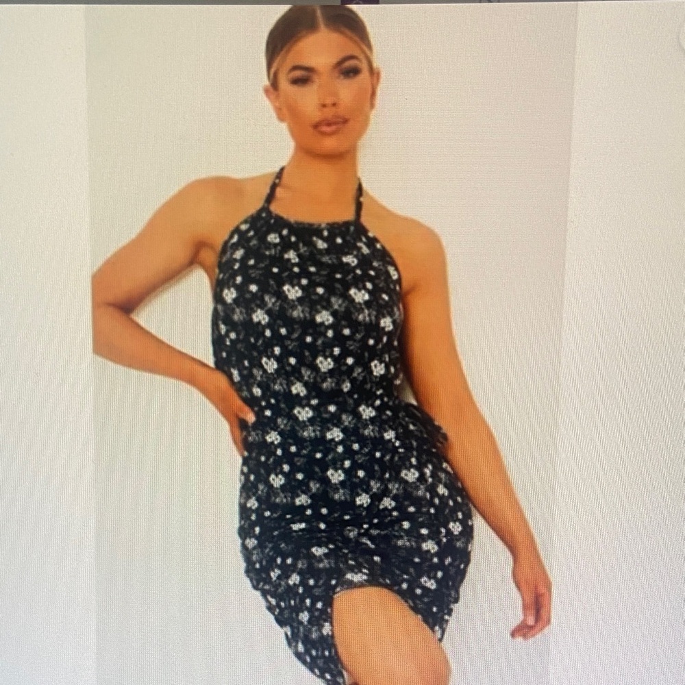 Pretty Little Things BLUE DITSY PRINT RACER NECK Tea Dress Mini New